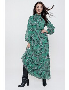 By Saygı Long Leaf Patterned Waist With Pleats and Lined Long Chiffon Dress Green