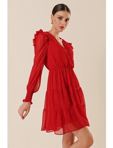 By Saygı Double Breasted Collar Lined Chiffon Dress with Ruffled Sleeves