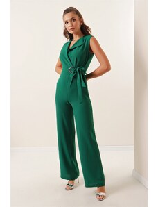 By Saygı Double Breasted Collar Crepe Jumpsuit With Buckle Belt Emerald