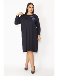 Şans Women's Plus Size Navy Blue Embroidery And Sequin Detail Long Sleeve Dress