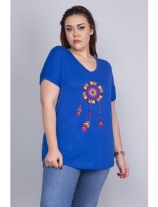 Şans Women's Plus Size Saxe Blue Embroidery Detail V-Neck Low Sleeve Blouse