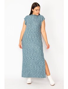 Şans Women's Large Size Blue Stand-Up Collar Side Slit Lycra Dress