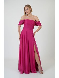 Carmen Fuchsia Low Sleeve Slit Chiffon Evening Dress