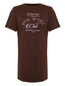 Trendyol Curve Brown Slogan Printed Knitted T-shirt Dress