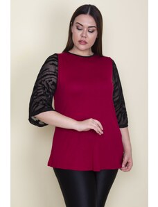 Şans Women's Plus Size Claret Red Viscose Blouse with Flocked Sleeves, Tulle Detail