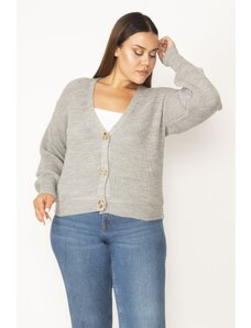 Şans Women's Plus Size Gray V-Neck Knitwear Cardigan with Buttons