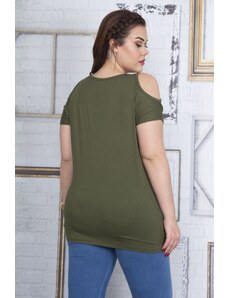 Şans Women's Plus Size Khaki Front Embroidery Detailed Off-the-Shoulder Blouse
