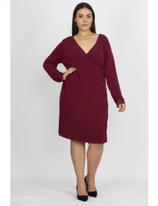 Şans Women's Plus Size Claret Red Lace Detailed Wrapover Dress
