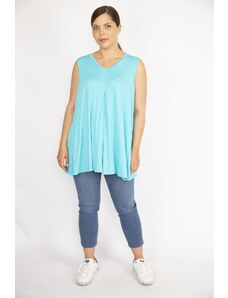 Şans Women's Turquoise Plus Size V Neck A Front Pleated Blouse