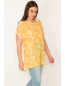 Şans Women's Plus Size Yellow Low Sleeve Front Patterned Blouse