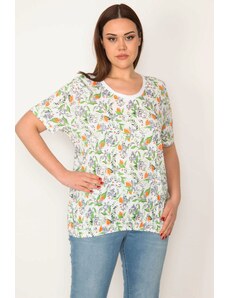 Şans Women's Plus Size Bone Cotton Fabric Crew Neck Floral Patterned Blouse with Elastic Hem
