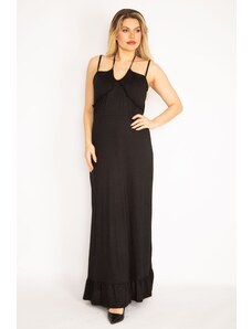 Şans Women's Plus Size Black Long Dress With Straps And Frill Detailed Collar, Layered Hem