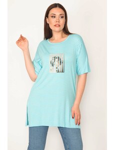 Şans Women's Plus Size Blue Digital Printed Striped Side Slit Blouse