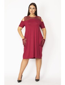 Şans Women's Plus Size Burgundy Decollete Decollete Robe And Pockets Mesh Detailed Viscose Dress