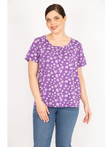 Şans Women's Lilac Large Size Cotton Fabric Short Sleeve Patterned Blouse