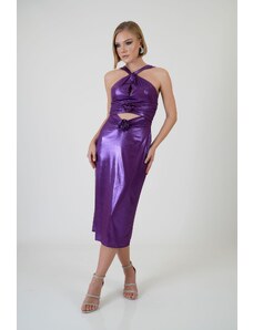 Carmen Purple Rose Detailed Decollete Sandy Evening Dress