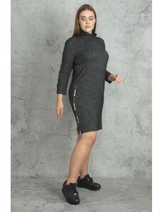 Şans Women's Plus Size Anthracite Half Turtleneck Dress with Side Stripe Detail
