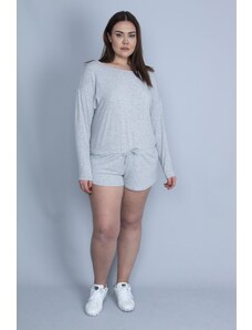 Şans Women's Plus Size Gray Waist Lace Detail Shorts Jumpsuit