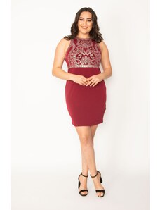 Şans Women's Plus Size Claret Red Stone Detailed Evening Dress