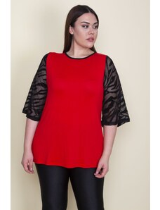 Şans Women's Plus Size Red Viscose Blouse with Flocked Sleeves and Tulle Detail