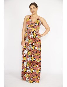 Şans Women's Colorful Plus Size Decollete Strappy V-Neck Slit Long Dress