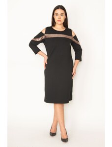 Şans Women's Plus Size Black Decollete Decollete Stone Detailed Dress