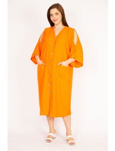 Şans Women's Orange Plus Size Decollete Decollete Front Buttoned Dress