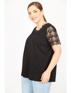 Şans Women's Black Plus Size Cotton Fabric Lace Detail Blouse