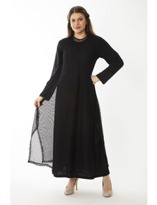 Şans Women's Plus Size Black Evening Dress With Fishnet Underwear Double Dress
