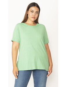 Şans Women's Plus Size Green Cotton Fabric Collar Lace Short Sleeve Blouse