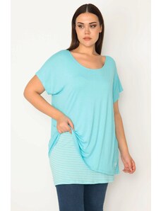 Şans Women's Plus Size Blue Inner Striped Athletic Low Sleeve Blouse