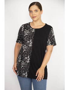 Şans Women's Black Plus Size Cotton Fabric Pattern Combination Blouse