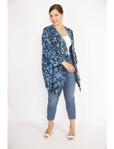 Şans Women's Saxe Plus Size Crepe Chiffon Fabric Patterned Cardigan