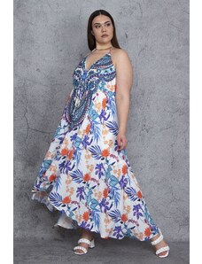 Şans Women's Plus Size Multicolored Low-Cut Back Stone Detailed Lined Asymmetrical Dress