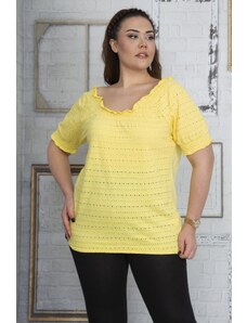 Şans Women's Plus Size Yellow Collar Blouse with Elastic Detailed Sleeves and Hem