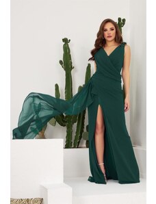 Carmen Petrol Chiffon Long Evening Dress And Invitation Dress With Stones On The Shoulder