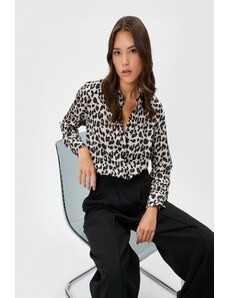 Koton Satin Shirt Leopard Patterned Pocket Buttoned Long Sleeve