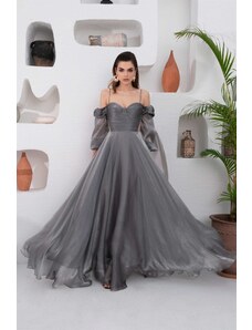 Carmen Anthracite Organza Low Sleeve Engagement Evening Dress