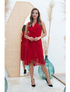 Carmen Red Chiffon Skirt Flounce Ribbed Short Evening Dress