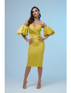 Carmen Yellow Satin Balloon Sleeve Short Evening Dress