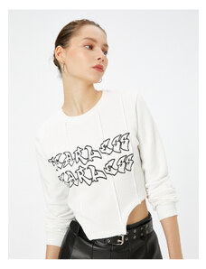 Koton Crop Asymmetric Cut Sweatshirt Raised Bodice Detail Printed