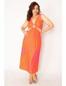 Şans Women's Plus Size Orange Waist And Decollete Long Dress