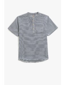 Koton Mandarin Collar T-Shirt Short Sleeved One Pocket Striped Cotton