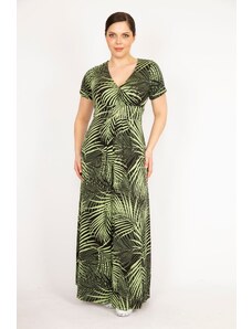 Şans Women's Green Large Size Wraped Collar Colorful Long Dress