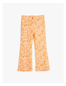 Koton Flared Leg Linen Trousers with Floral Legs Slit Detail