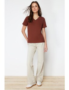 Trendyol Brown 100% Cotton Basic V Neck Knitted T-Shirt