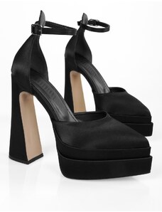 Shoeberry Women's Devon Black Satin Platform Heels