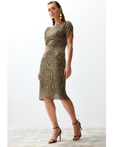 Trendyol Gold Fitted Glitter Sequin Elegant Evening Dress