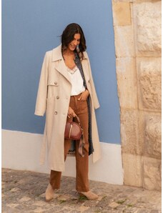 Beige double-breasted coat with Blue Shadow belt
