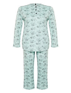 Trendyol Curve Mint Buttoned Floral Pattern Knitted Pajamas Set